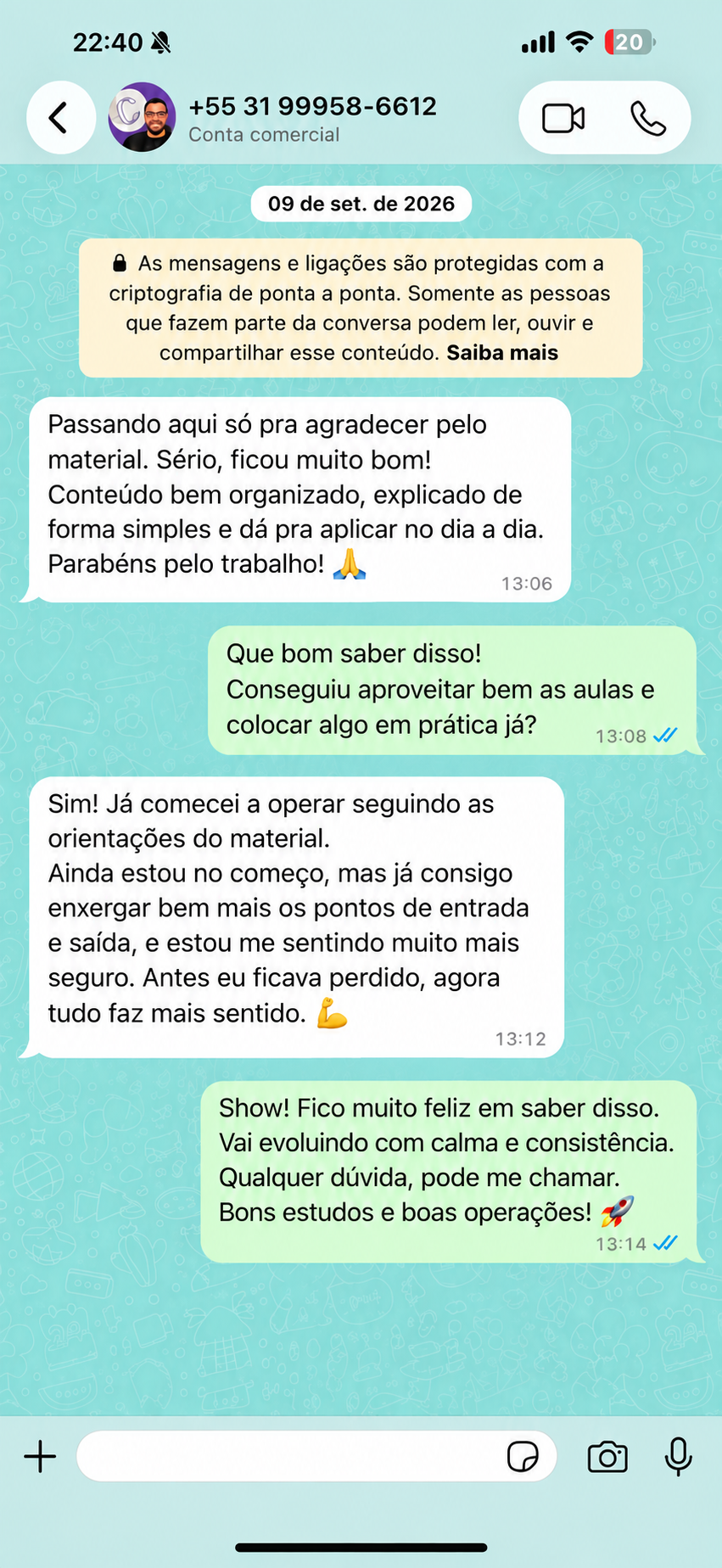 Conversa real no WhatsApp com depoimento de leitor 1