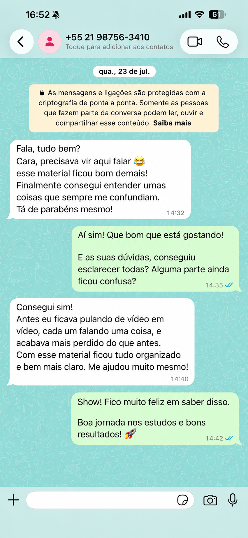 Conversa real no WhatsApp com depoimento de leitor 3