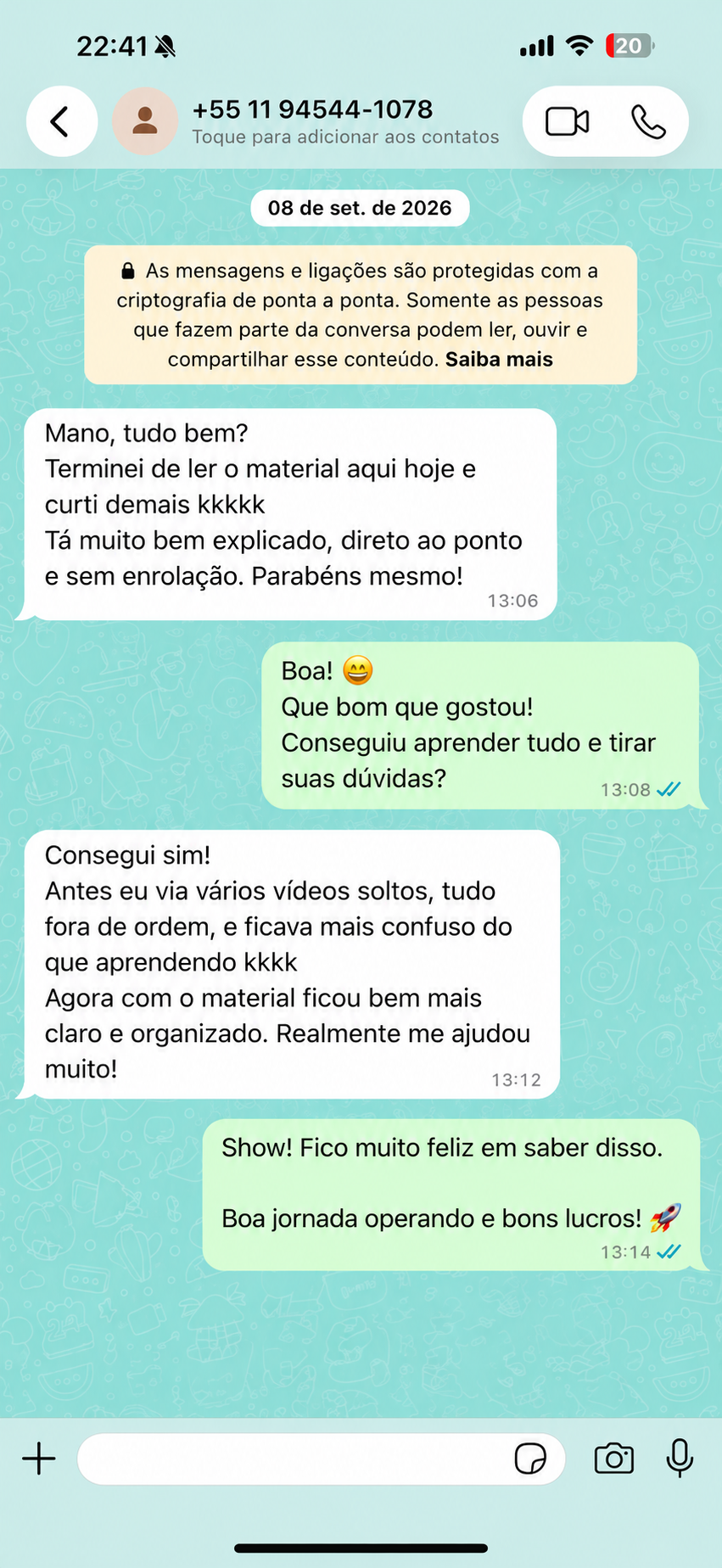 Conversa real no WhatsApp com depoimento de leitor 2