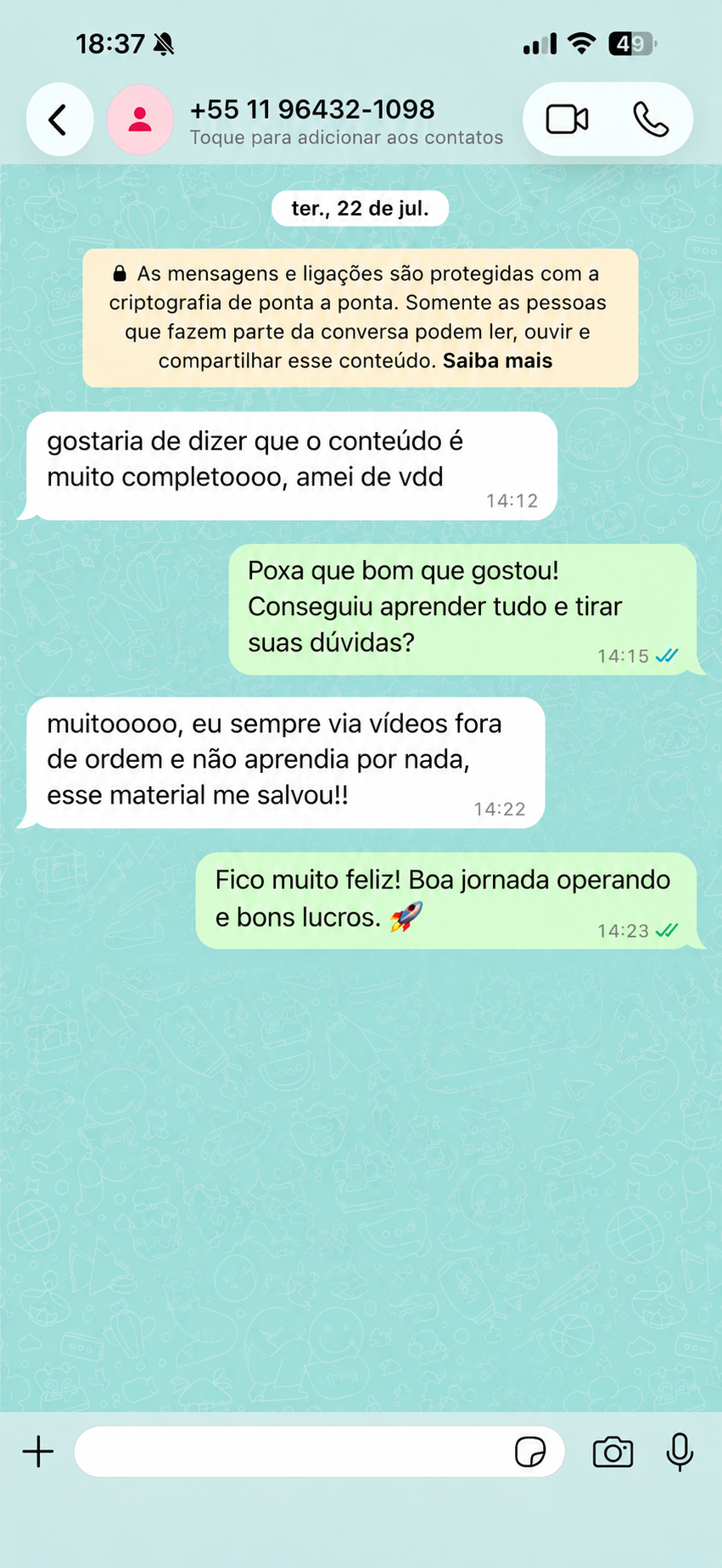 Conversa real no WhatsApp com depoimento de leitor 4