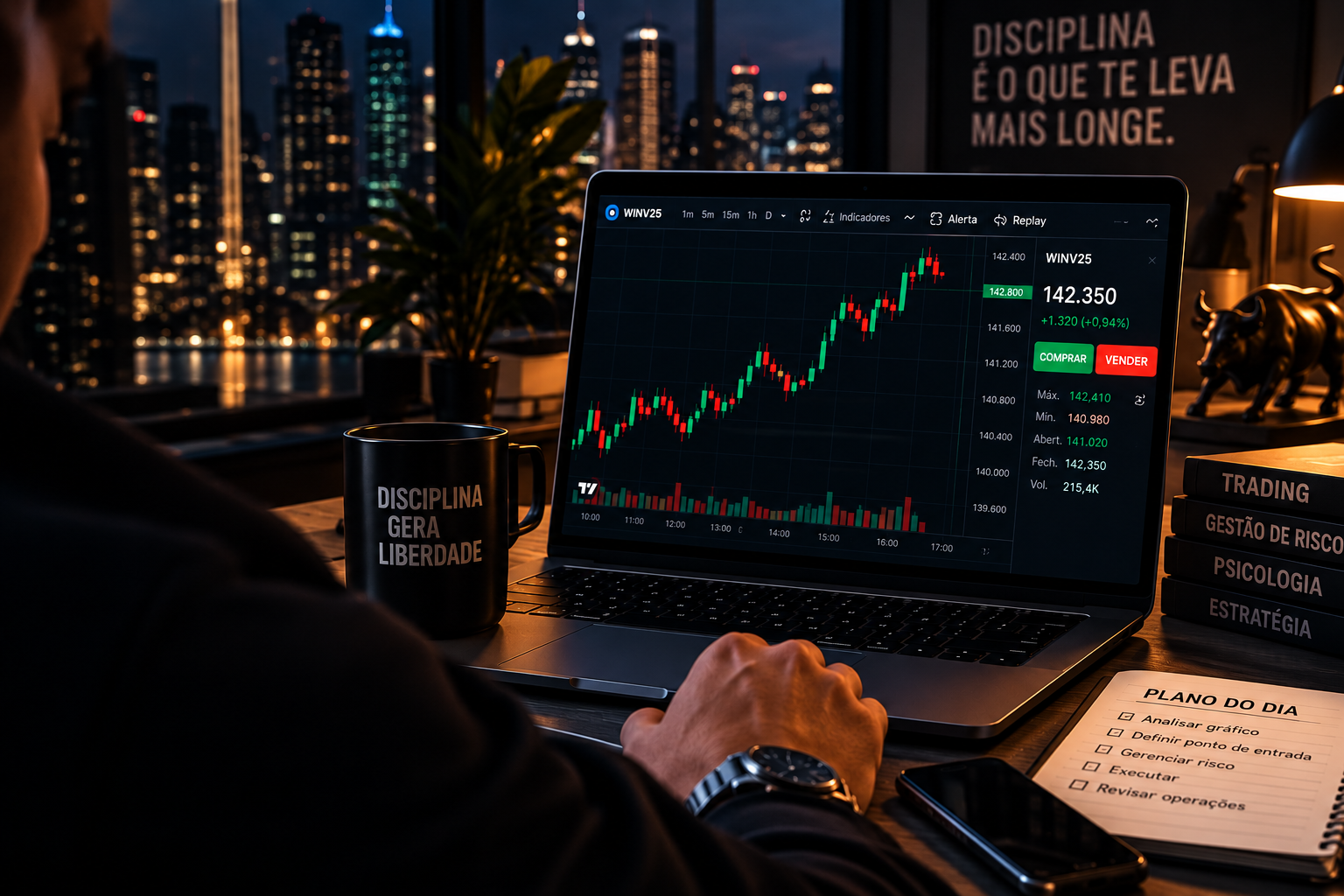 Estação de trading com gráfico WINV25, livros e o lema Disciplina Gera Liberdade