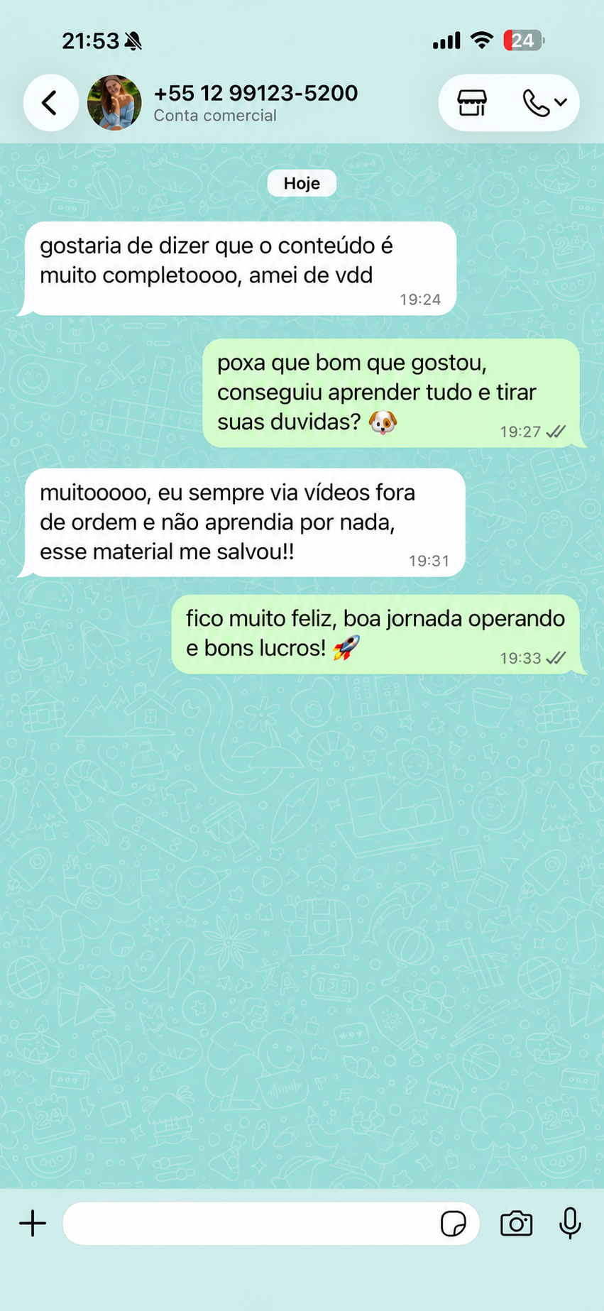 Conversa real no WhatsApp com depoimento de leitor 5